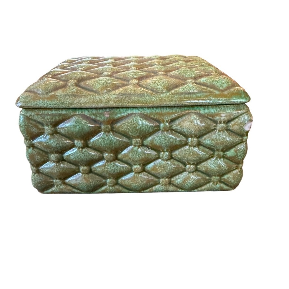 Vintage Green Tufted Diamond Ceramic Trinket Box Quilted Jewelry Box Decorative